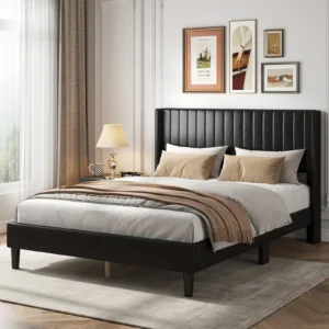 Upholstered Platform Bed Frame with Modern Wingback Headboard
