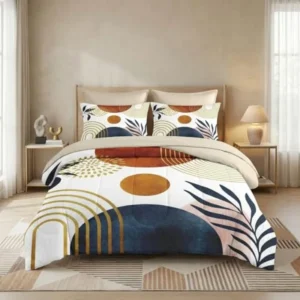 7 Pcs Size Comforter Set with 2 Pillowcases and 2 Shams Mid Century Bedding for Adults Sun Leaf Bed in a Bag with Flat Fitted S